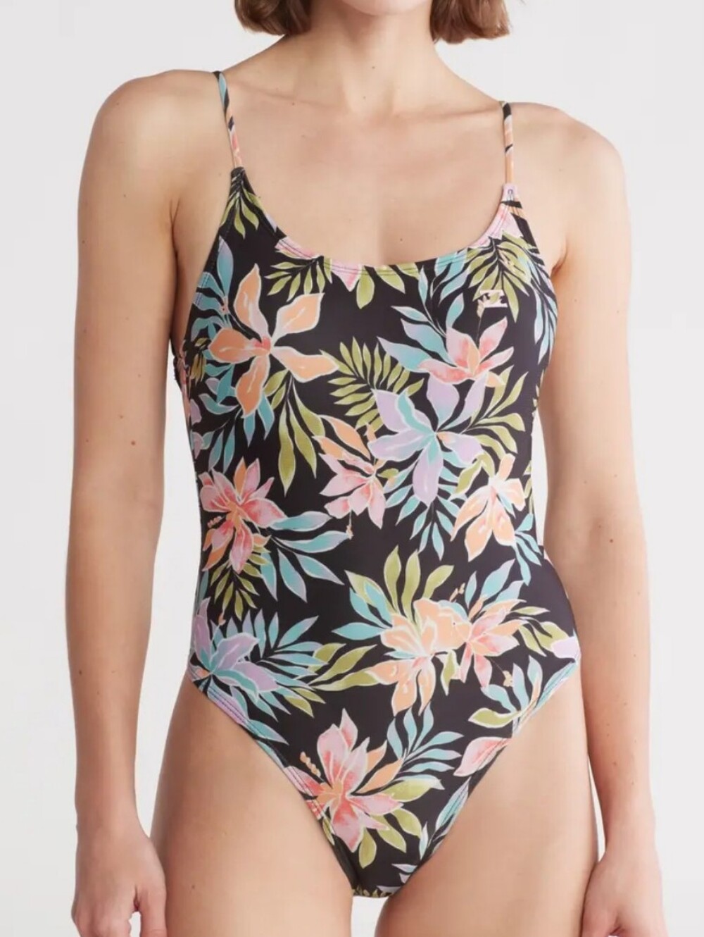 NWT Billabong Beach Babe Black Floral One-Piece Swimsuit Pastel Flower Medium